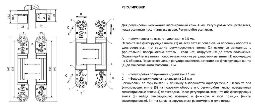 Петля дверная скрытая универсальная, 3D, 160х28 мм, 100 кг, сатин хром., с 4 металл. колпачками — изображение 3