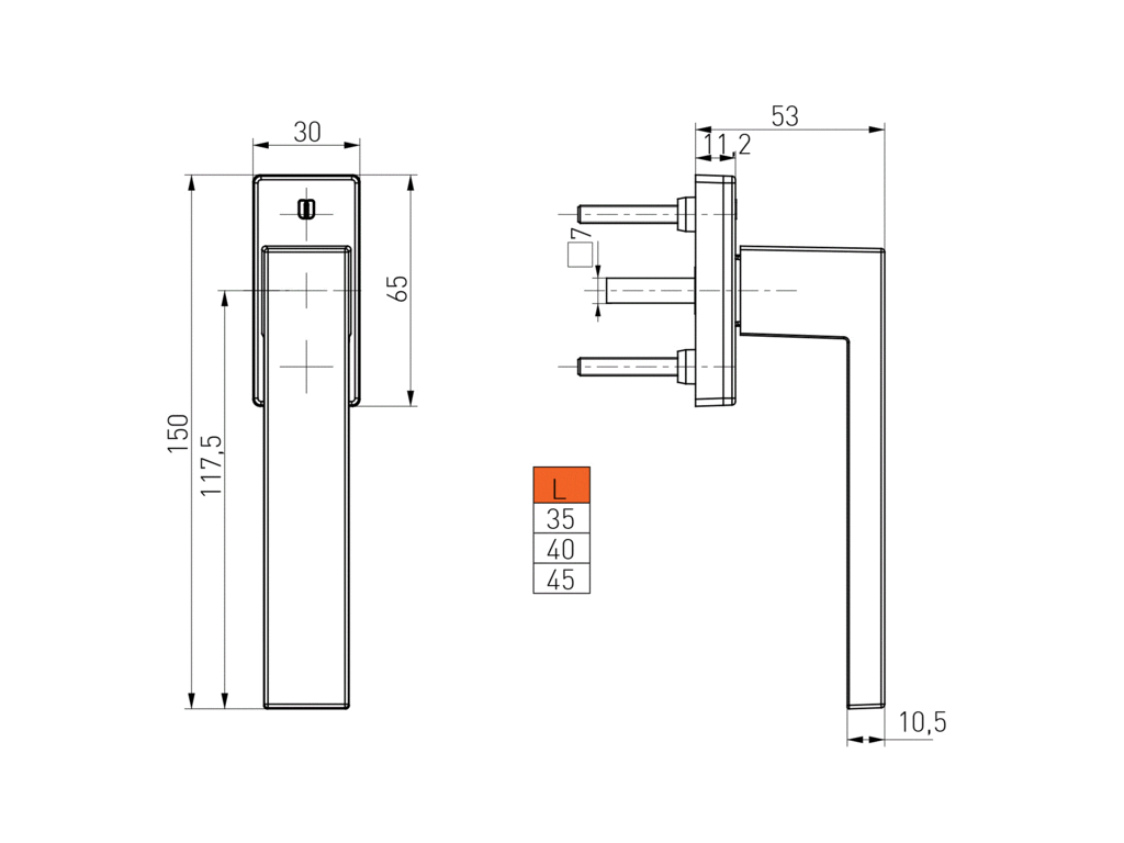Ручка оконная Internika DUBLIN 40 мм, алюминиевая, 2 винта, антрацит матовый RAL7016M (45°) — изображение 4