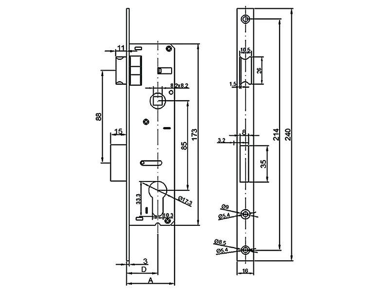 Замок Elementis с ригелем и фалевой защелкой 153 PZ/F16/35/85/8 — изображение 2