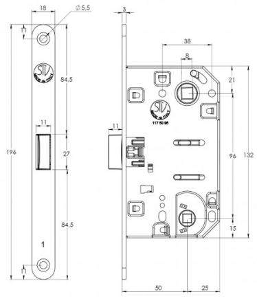 Замок механический WC 50x8x96x6 ширина штульпа 18 мм, универсальный, c винтами, хром матовый — изображение 5