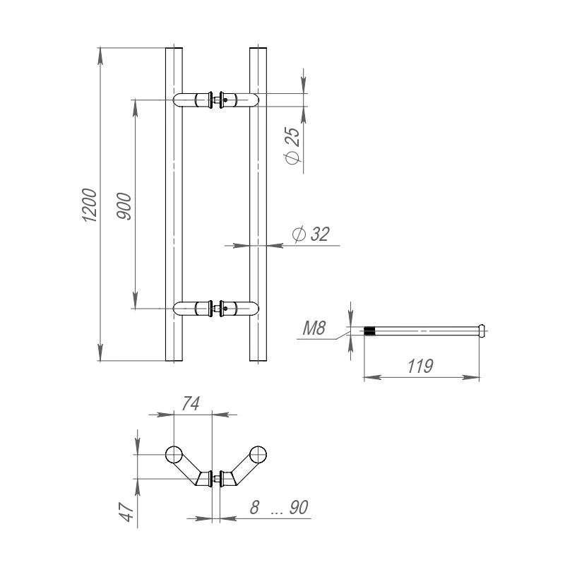 45493 , Ручка-скоба Fuaro (Фуаро) PULL.PH32/1200.45 INOX 304 (PH-45-32/1200-INOX) — изображение 2