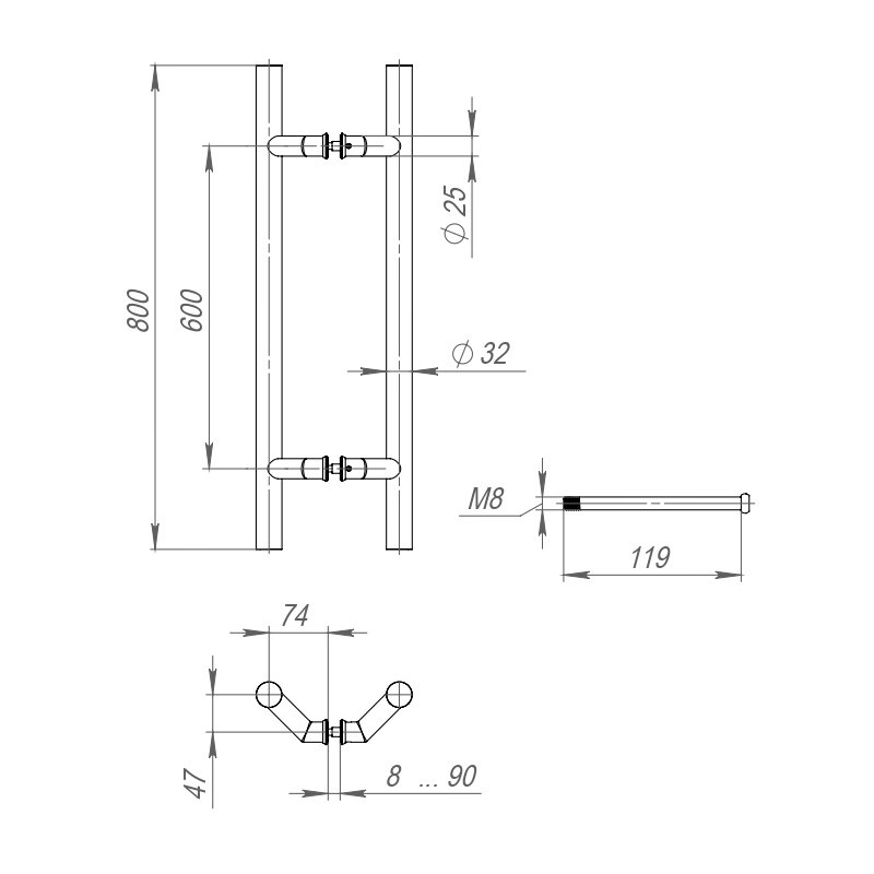 45499 , Ручка-скоба Fuaro (Фуаро) PULL.PH32/800.45 INOX 304 (PH-45-32/800-INOX) — изображение 2