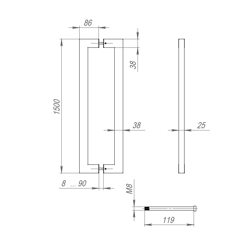 45505 , Ручка-скоба Fuaro (Фуаро) PULL.PH38/1500.26 INOX 304 (PH-26-38/1500-INOX) BLACK — изображение 2